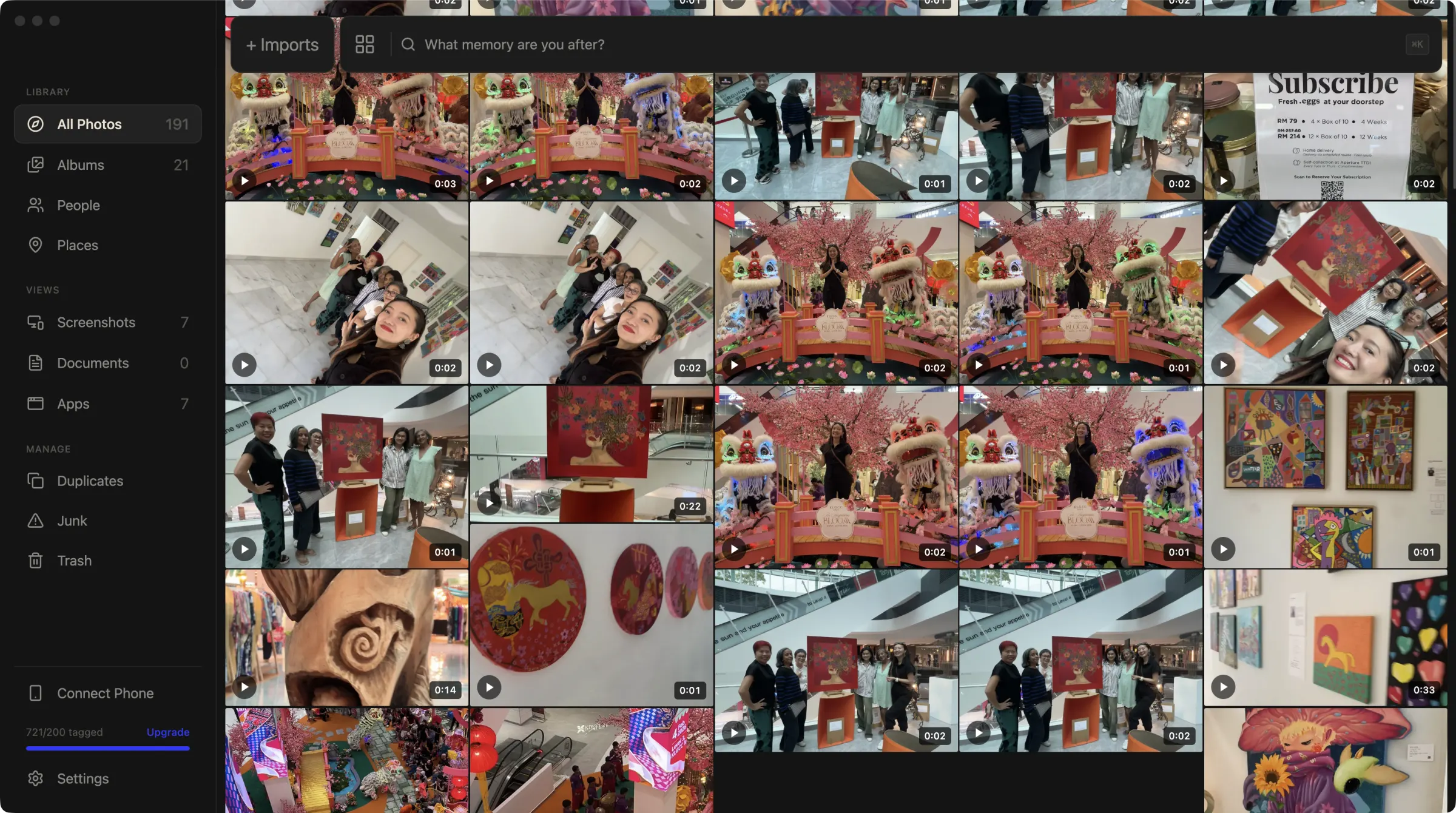 Binky's photo library. A dense grid of colourful photos and videos from an art event.
