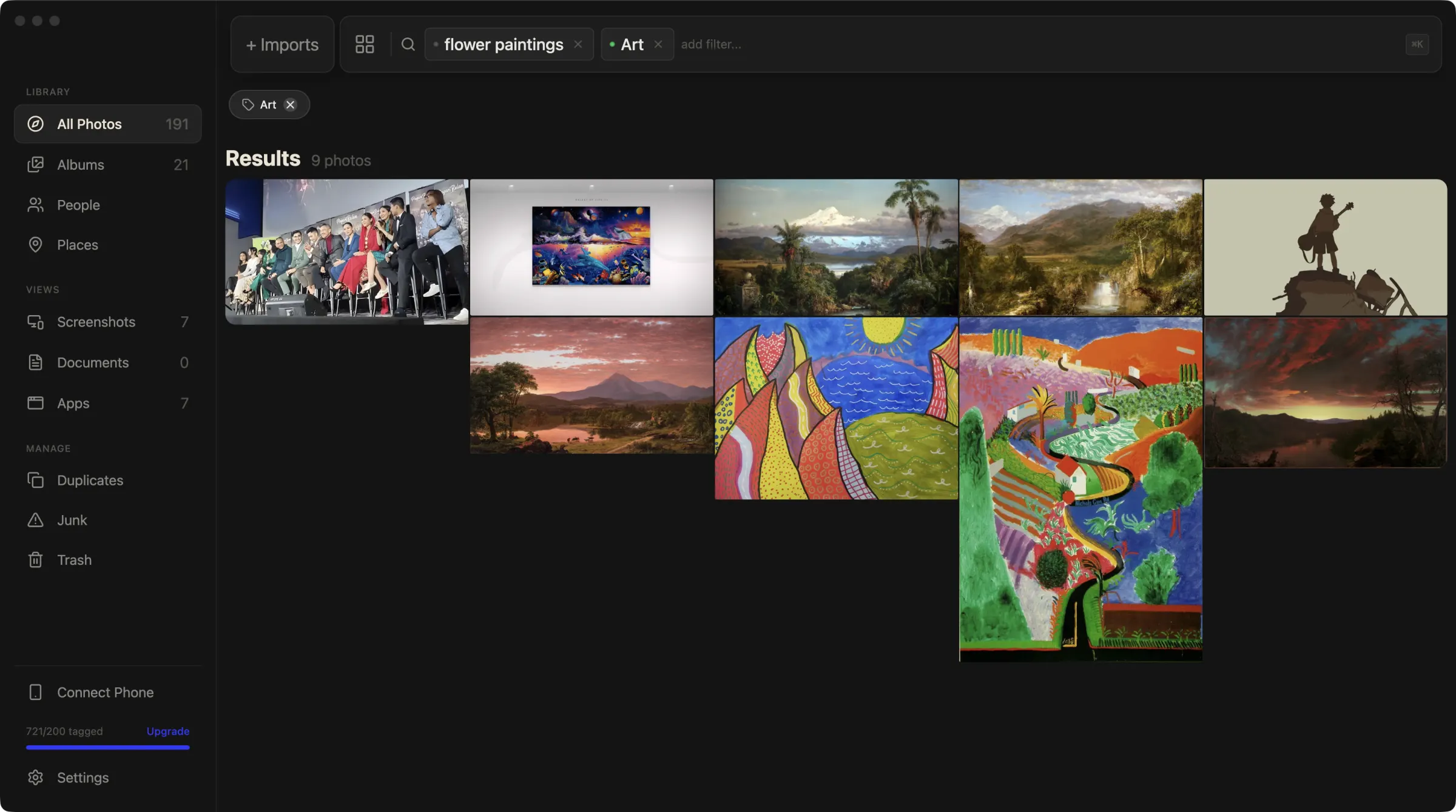 Search results for flower paintings, filtered to Art. Nine matching artworks in a grid.